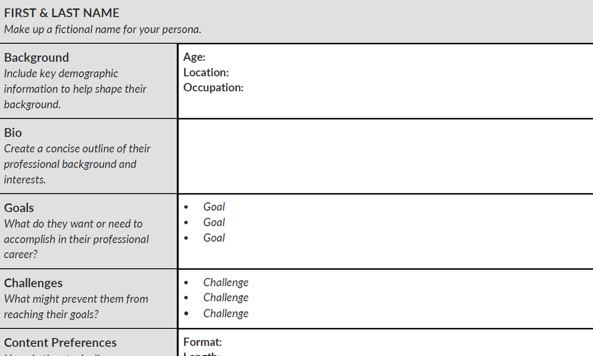 Persona Template for Associations Professionals for Association Revenue